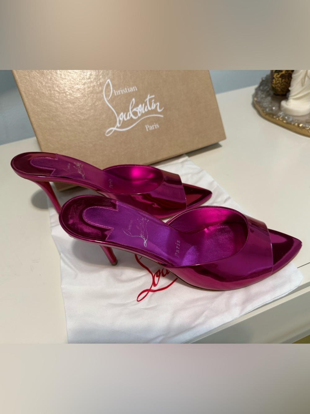 Christian Louboutin Pink Metallic Mule Heels Red Sole Size 39.5 - Picture 3 of 5